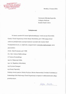 Podziękowania za organizację VI edycji Warsztatów dla Uczniów Szkół Ponadpodstawowych. Kliknij, aby powiększyć zdjęcie.